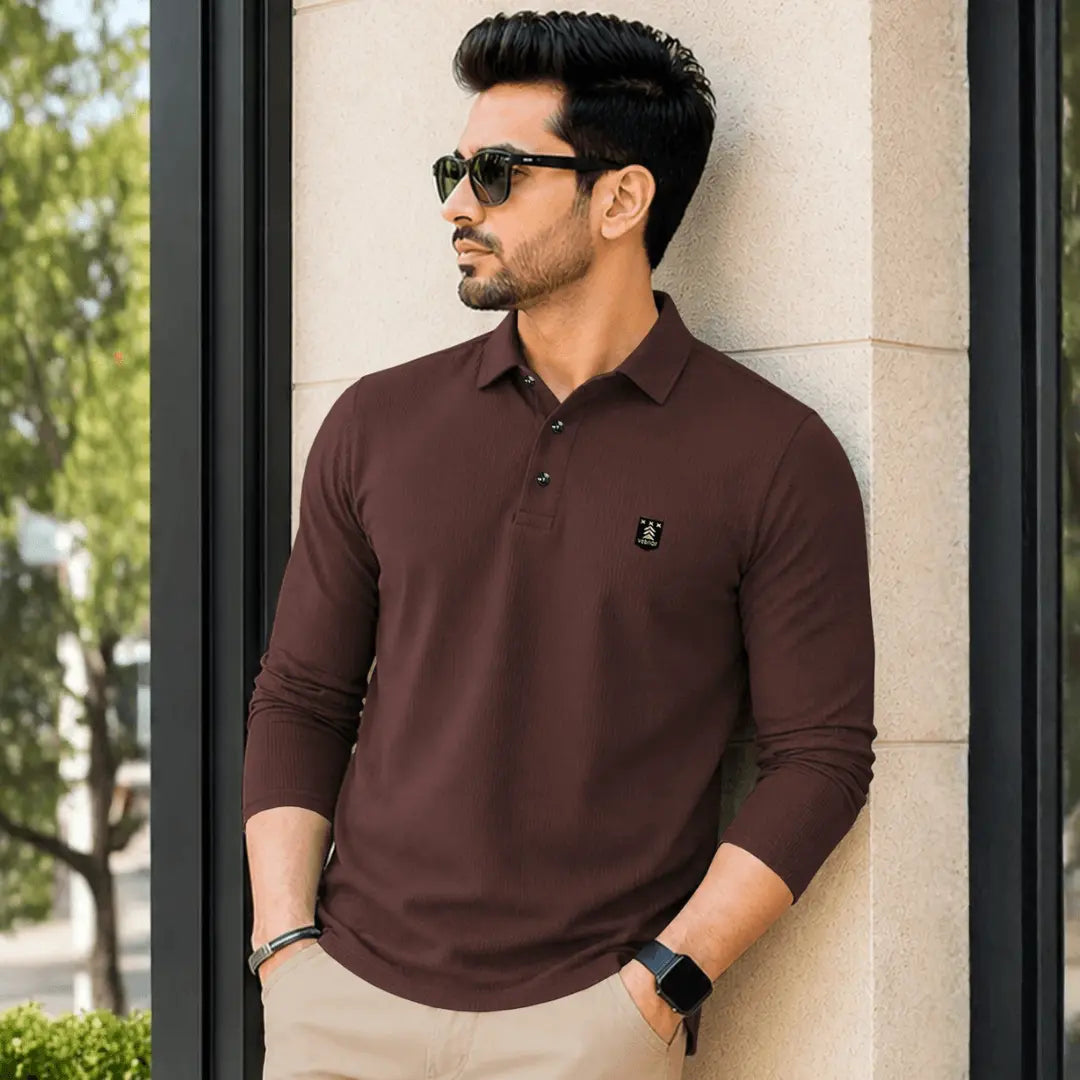 Self Design Polo Neck Polyester Brown T-Shirt