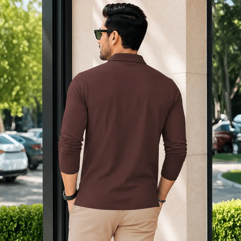 Self Design Polo Neck Polyester Brown T-Shirt