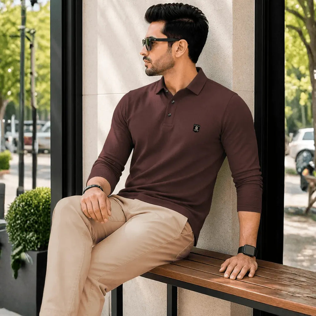 Self Design Polo Neck Polyester Brown T-Shirt