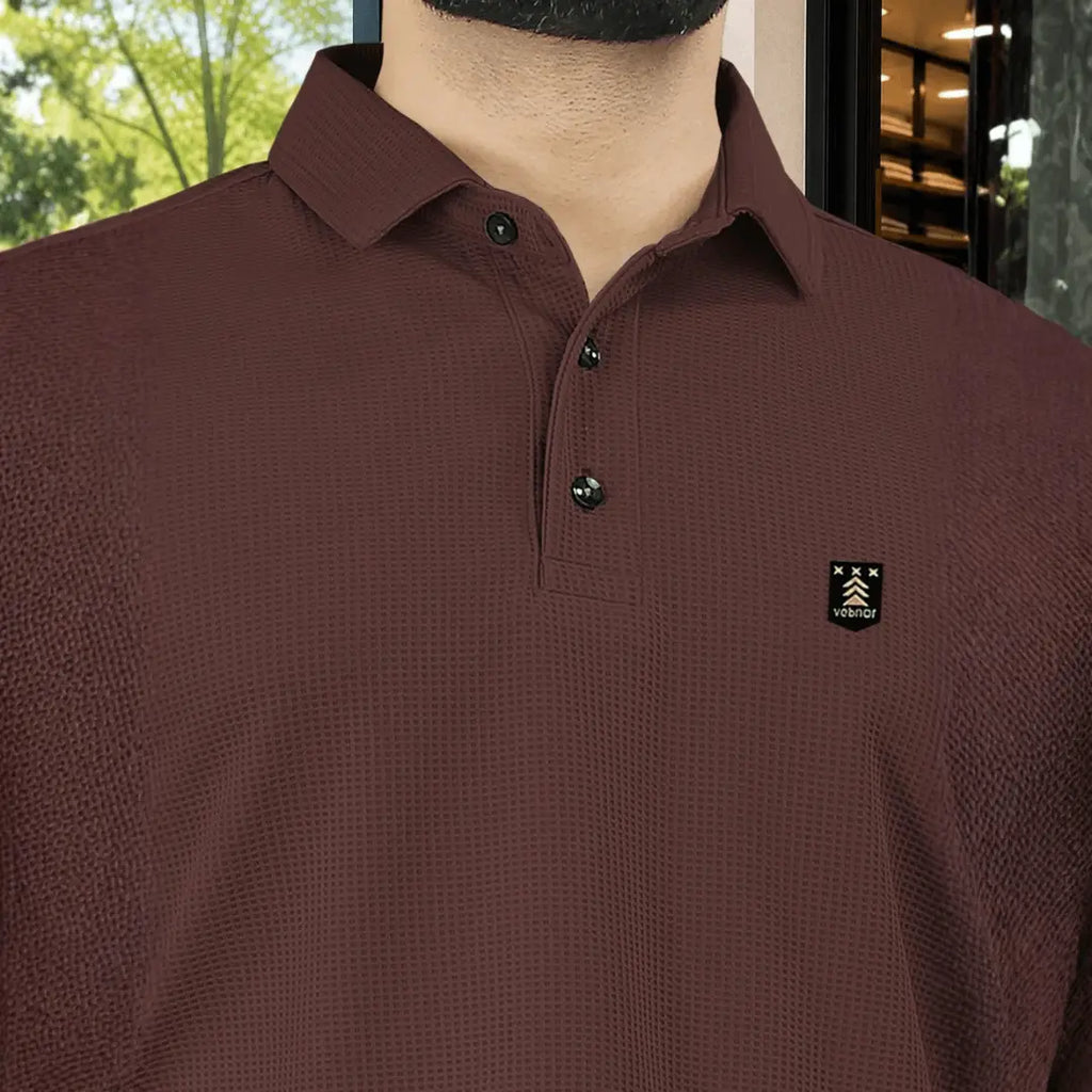 Self Design Polo Neck Polyester Brown T-Shirt