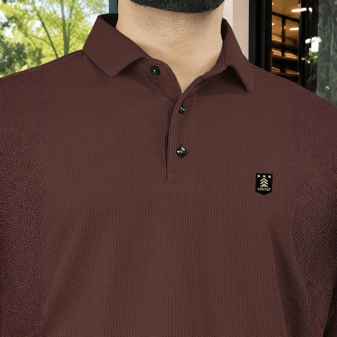 Self Design Polo Neck Polyester Brown T-Shirt
