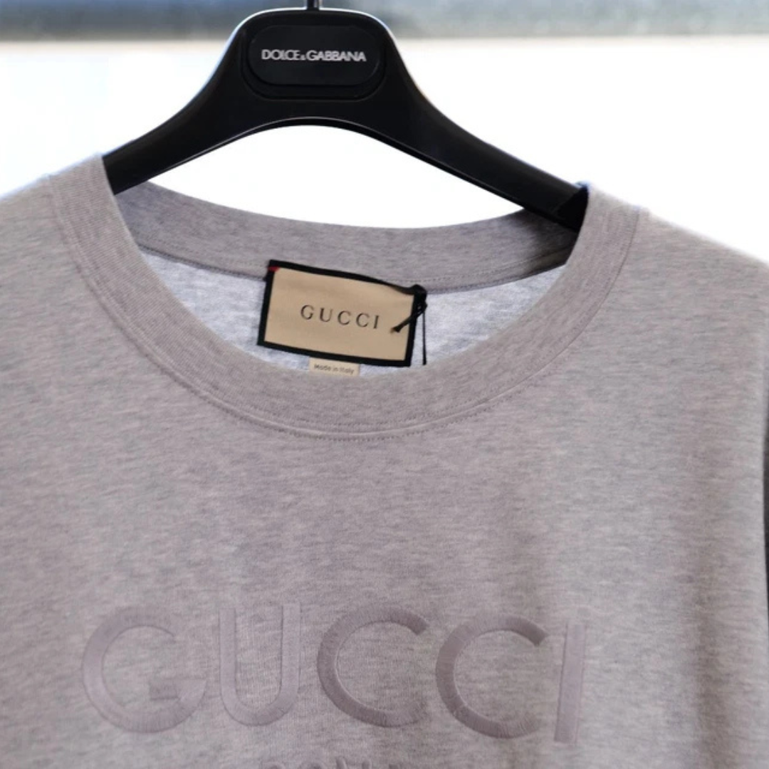 Gucci Grey Men’s Cotton Logo Embroidered T-shirt