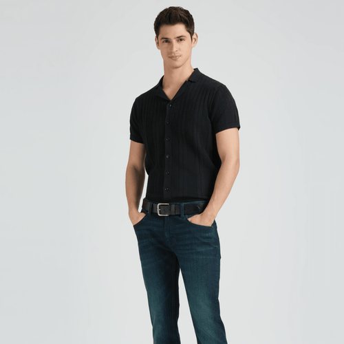 Black Resort Collar Short Sleeve Flat Knit Shirt - Teecraft