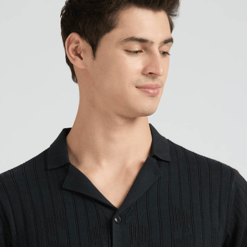 Black Resort Collar Short Sleeve Flat Knit Shirt - Teecraft