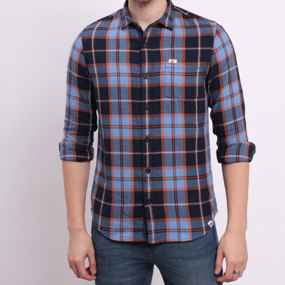 Lee Men Checked Blue Slim Fit Shirts - Teecraft