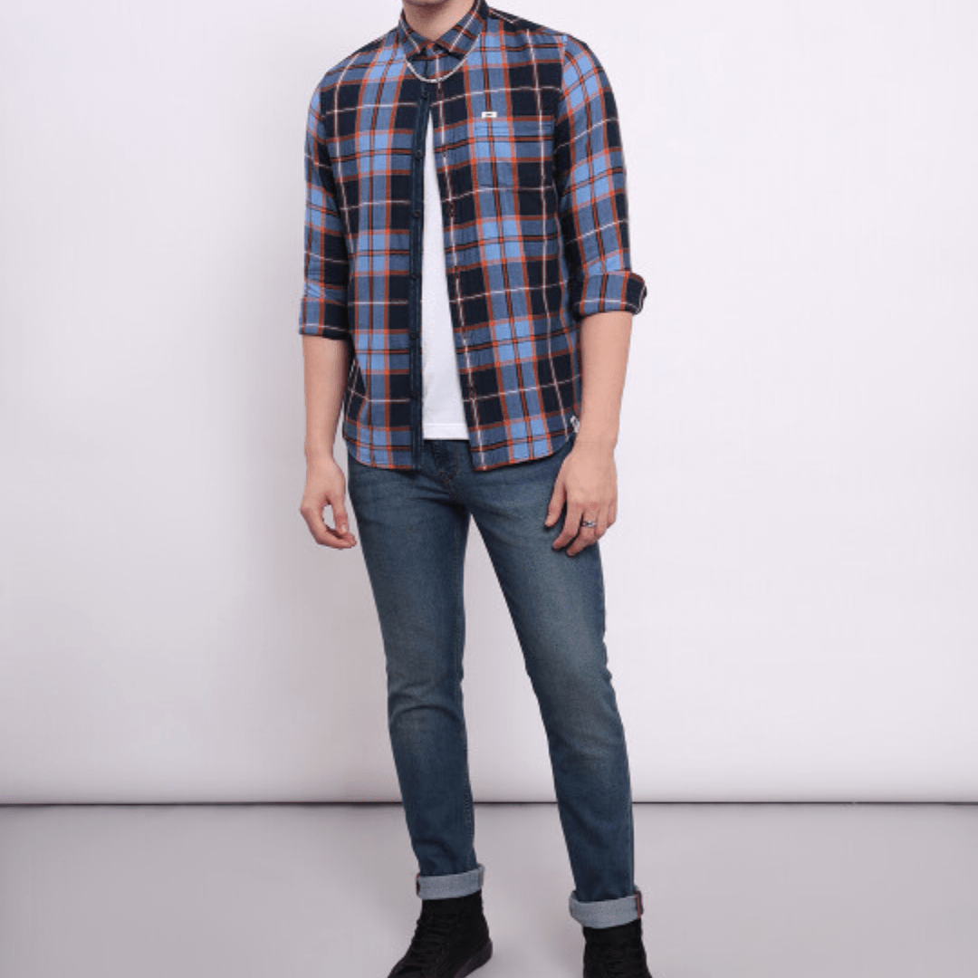 Lee Men Checked Blue Slim Fit Shirts - Teecraft
