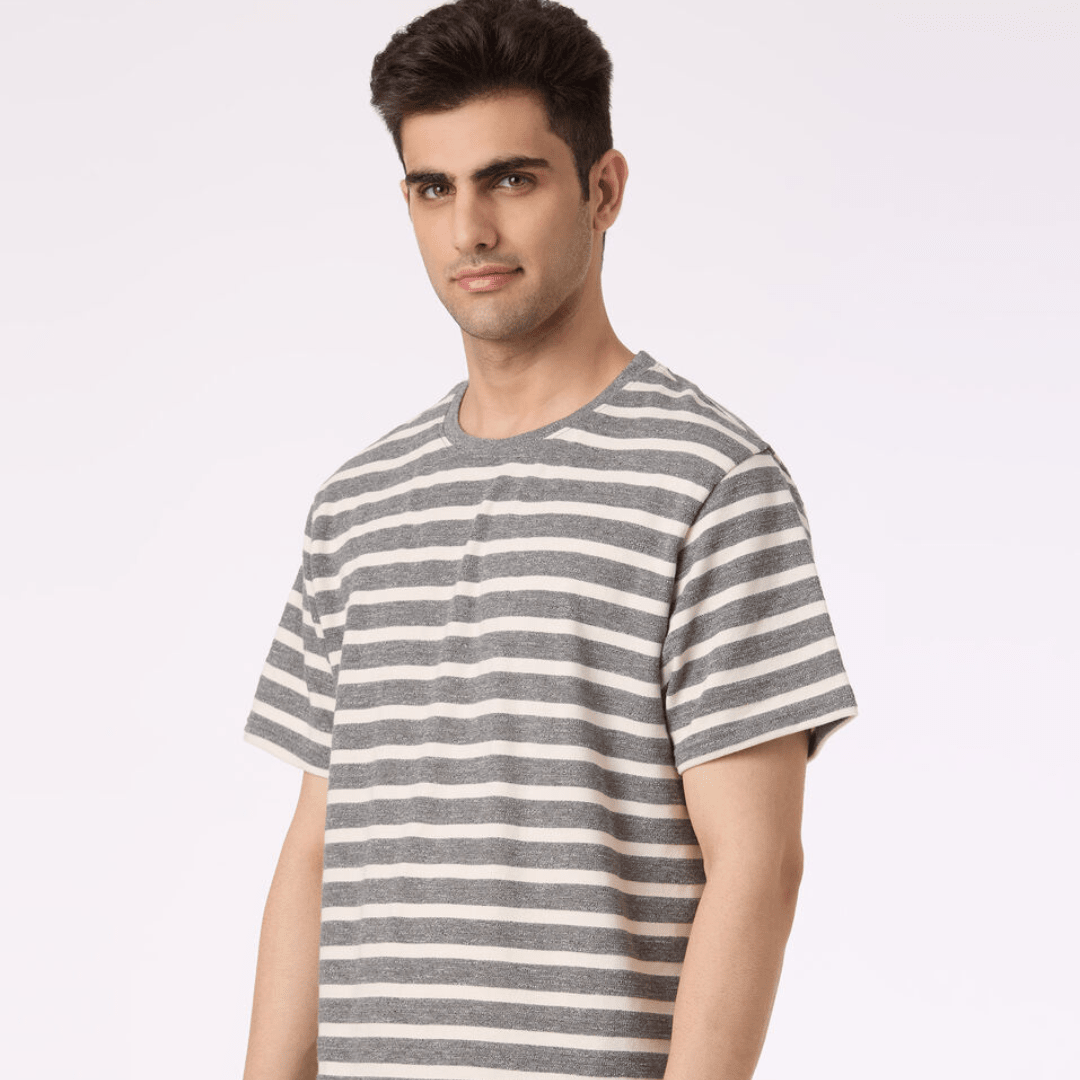 Men Grey Horizontal Stripe Relaxed Fit T-shirt - Teecraft