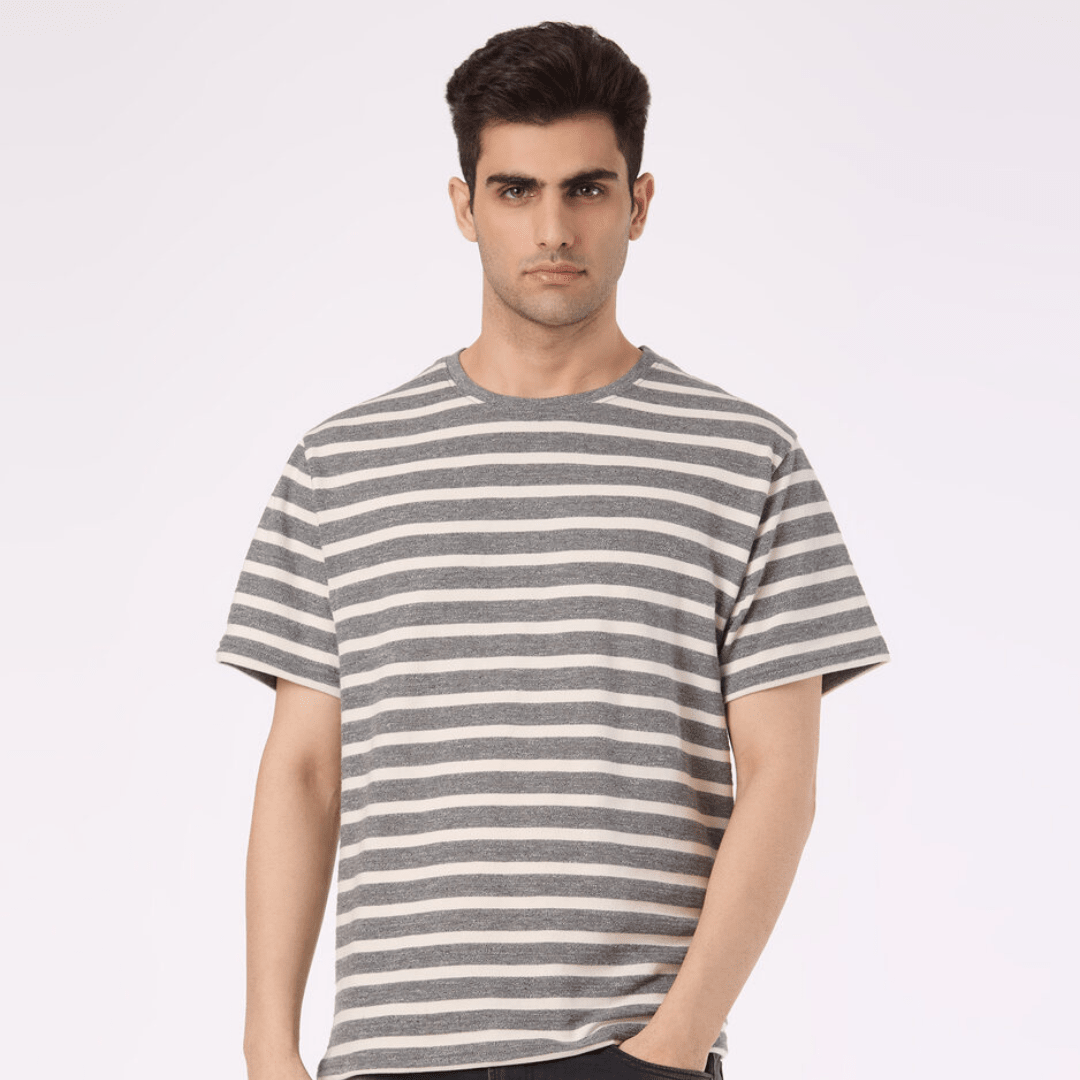 Men Grey Horizontal Stripe Relaxed Fit T-shirt - Teecraft