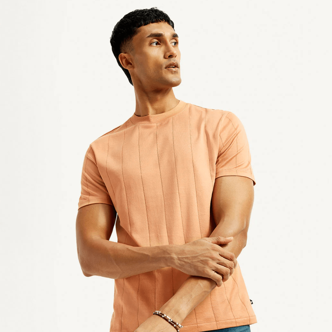 Men's Striped Peach Crew Neck Levi's T-shirt - Teecraft